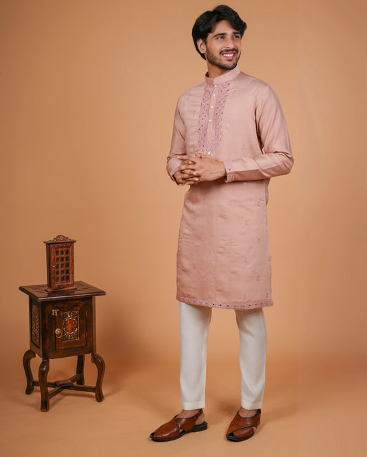Silk Embroiderd Men's Kurta pyjama Set with Mirror Work