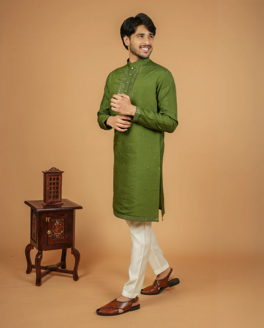 Elegant Silk Kurta pyjama set with Embroidery