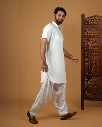 Men’s White Ethnic Pathani Kurta Set with Pockets