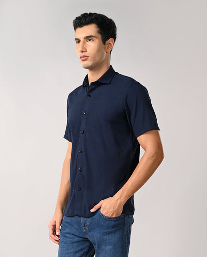 Men’s Navy Blue Self-Emboss Party Shirt – Trendy & Stylish
