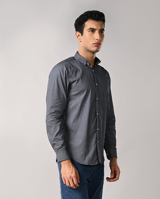 Men’s Navy Blue Printed Cotton Blend Shirt – Casual Wear