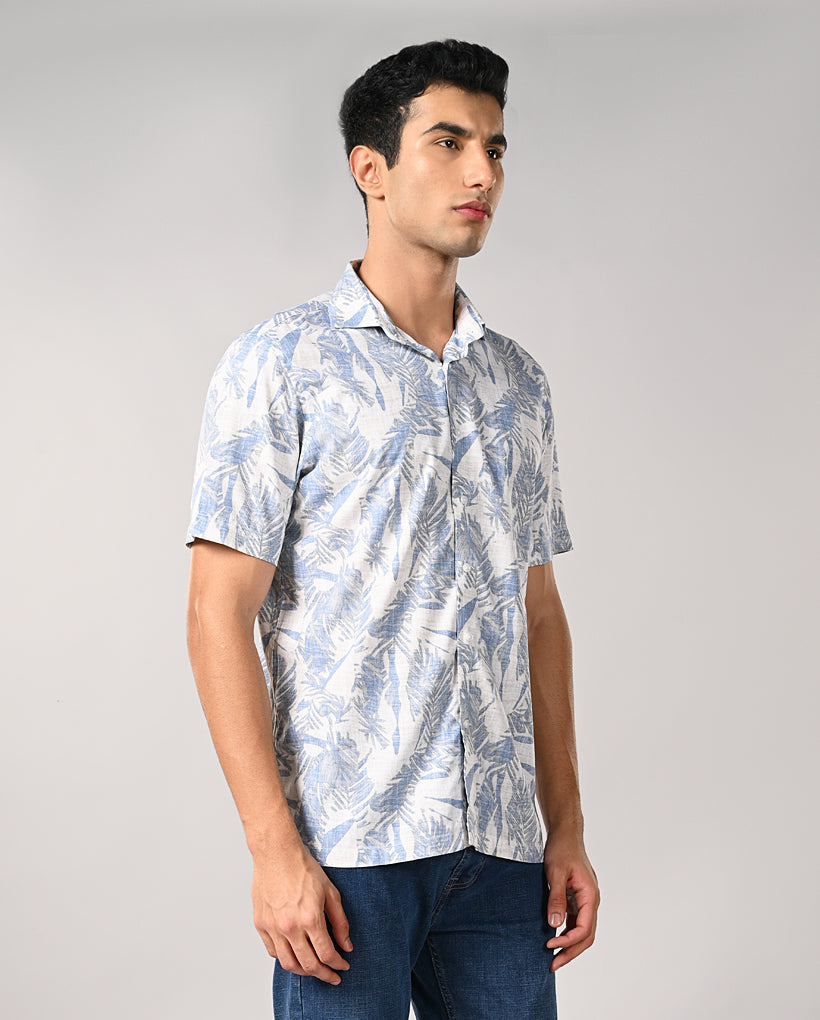 Mens Off-White Printed Linen Slim Fit Shirt – Casual & Elegant