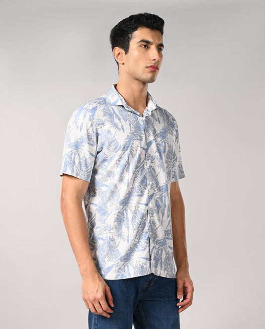 Mens Off-White Printed Linen Slim Fit Shirt – Casual & Elegant