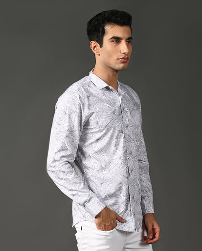 Mens Casual White Cotton Blend Shirt with Small Floral Print
