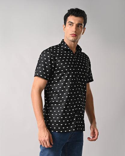 Black Half Sleeves Slim Fit Shirt for Men with Lotus Motif and Manila Cut