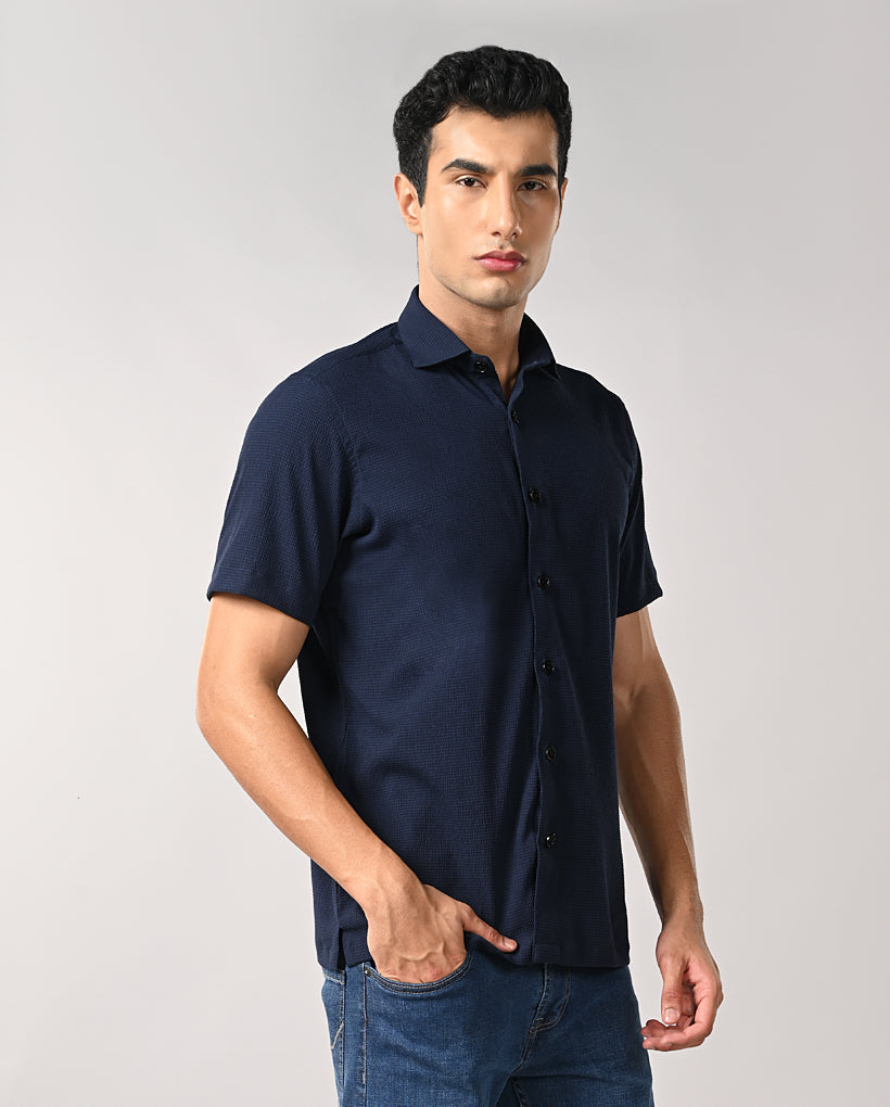 Men’s Navy Blue Self-Emboss Party Shirt – Trendy & Stylish