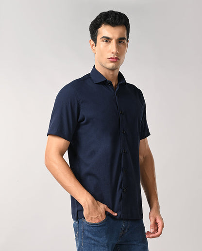 Men’s Navy Blue Self-Emboss Party Shirt – Trendy & Stylish