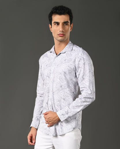 Mens Casual White Cotton Blend Shirt with Small Floral Print