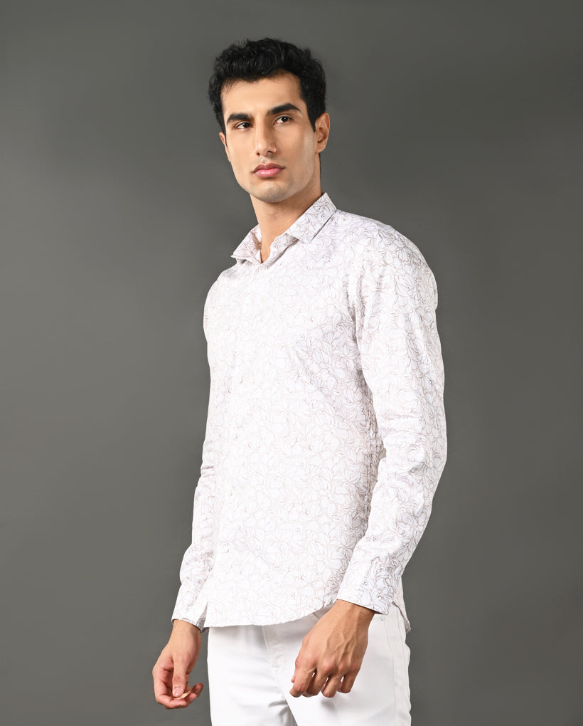 Men's White Unique Print Shirt-Cotton Blend