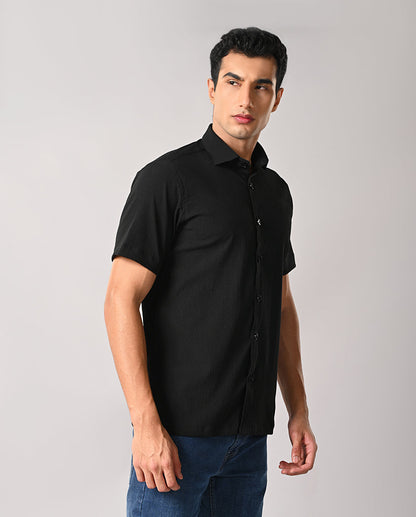 Men's black slim fit shirt with apple cut hem and pocket-free front — perfect for party or casual wear