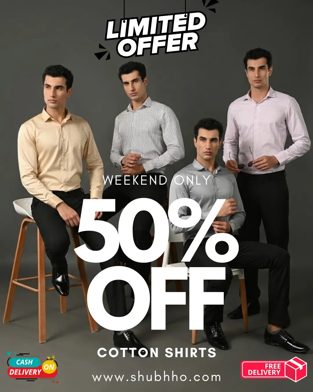 lora halle Advertisement for limited offer on cotton shirts with four men wearing different shirts.
