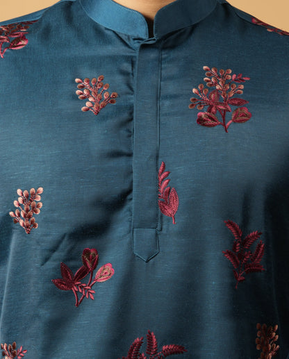 Classic Floral Silk Embroidered Kurta & Pajama Set