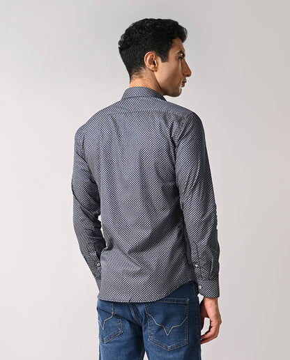 Men’s Navy Blue Printed Cotton Blend Shirt – Casual Wear