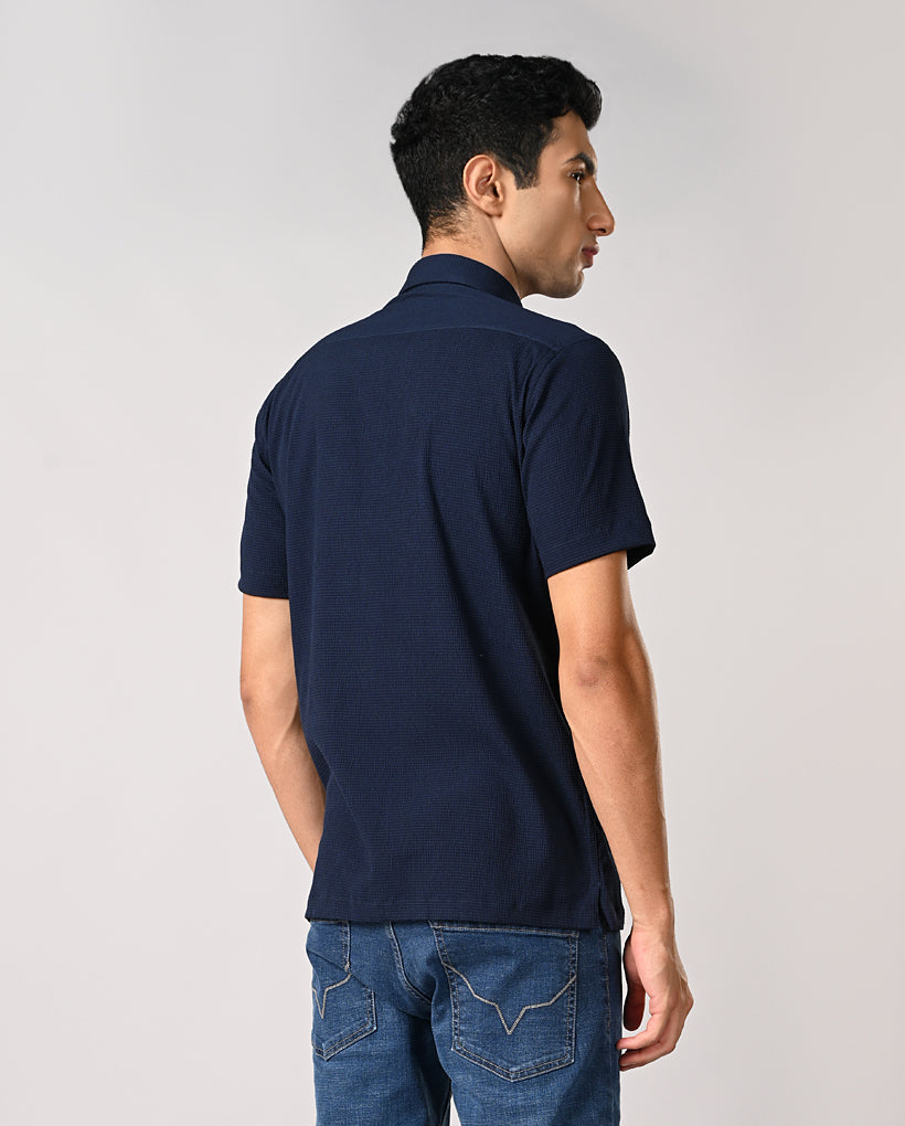 Men’s Navy Blue Self-Emboss Party Shirt – Trendy & Stylish