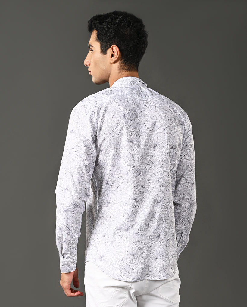 Mens Casual White Cotton Blend Shirt with Small Floral Print