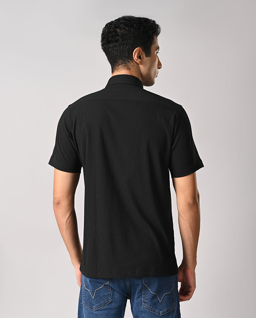Men's black slim fit shirt with apple cut hem and pocket-free front — perfect for party or casual wear