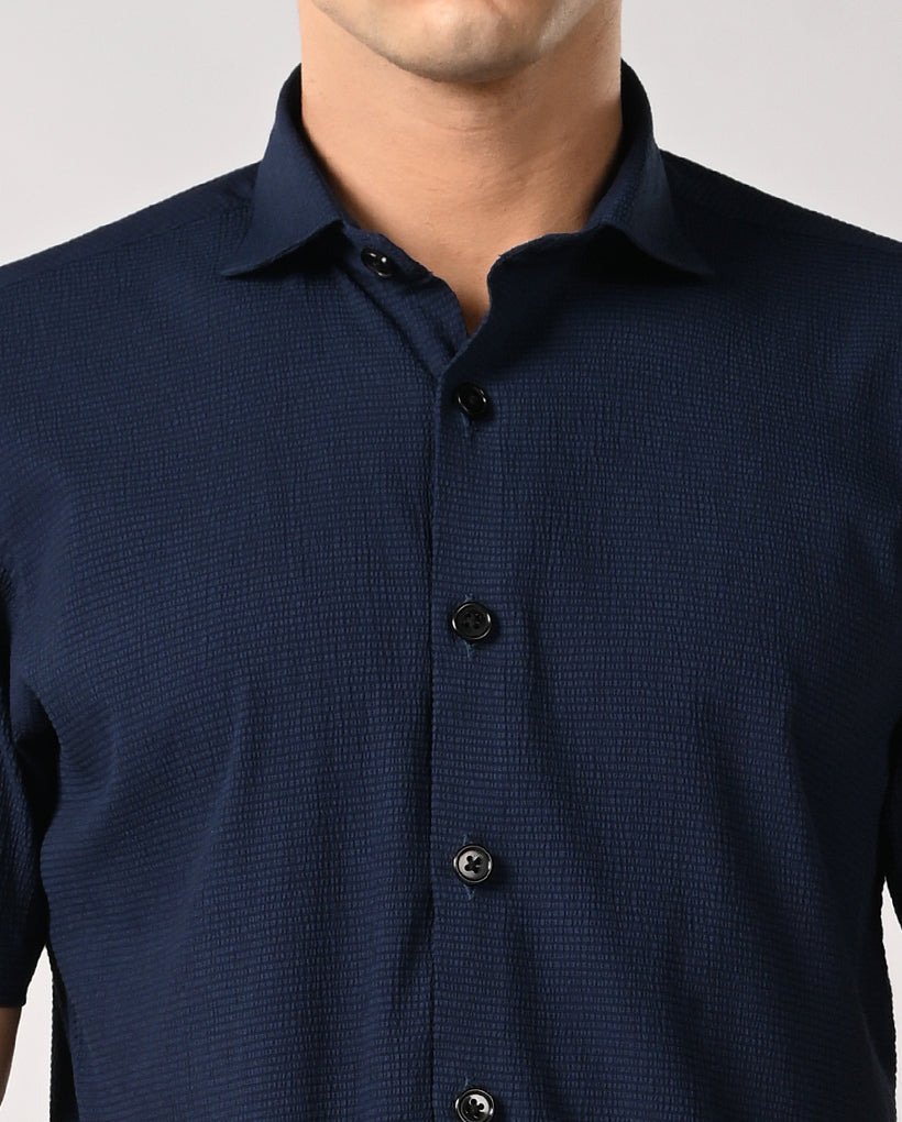 Men’s Navy Blue Self-Emboss Party Shirt – Trendy & Stylish