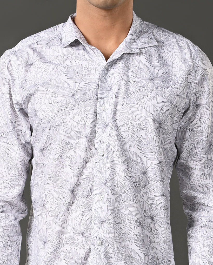 Mens Casual White Cotton Blend Shirt with Small Floral Print