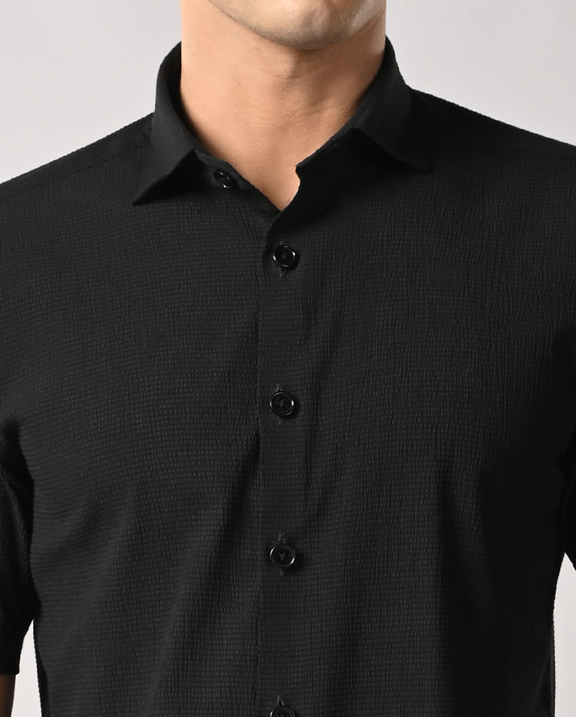 Men's black slim fit shirt with apple cut hem and pocket-free front — perfect for party or casual wear
