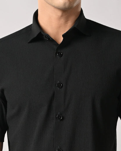 Men's black slim fit shirt with apple cut hem and pocket-free front — perfect for party or casual wear