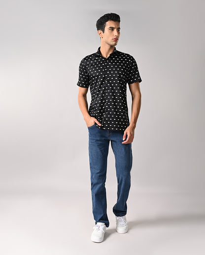 Black Half Sleeves Slim Fit Shirt for Men with Lotus Motif and Manila Cut