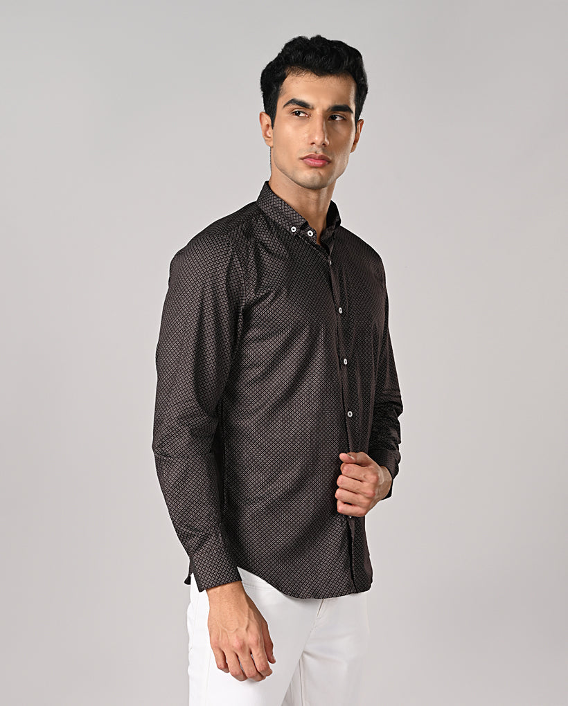 Mens Brown Printed Cotton Blend Formal Shirt – Mens brown printed cotton blend formal shirt, office wear