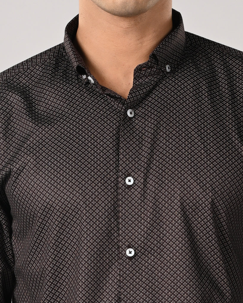 Mens Brown Printed Cotton Blend Formal Shirt – Mens brown printed cotton blend formal shirt, office wear