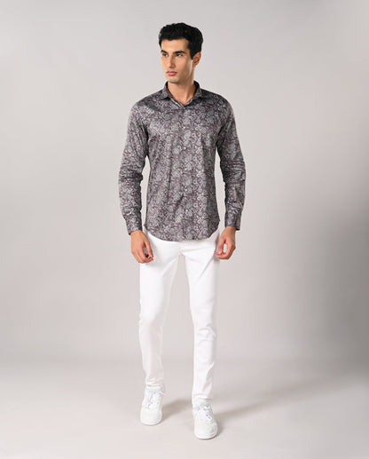 Mens plum purple paisley printed shirt with contrast buttons, no pocket design – stylish formal and date wear