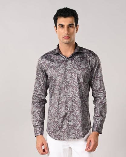 Mens plum purple paisley printed shirt with contrast buttons, no pocket design – stylish formal and date wear