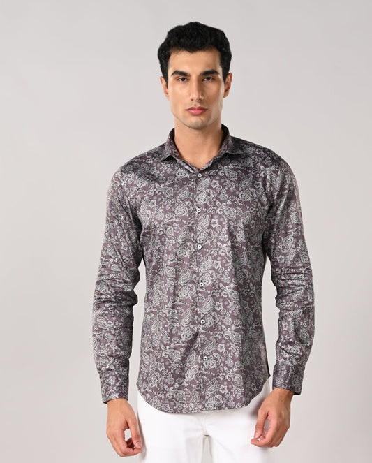 Mens plum purple paisley printed shirt with contrast buttons, no pocket design – stylish formal and date wear