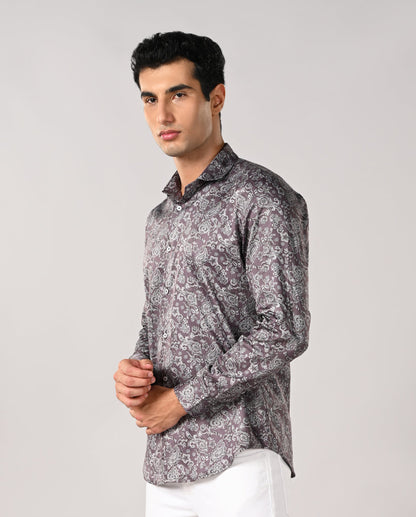 Mens plum purple paisley printed shirt with contrast buttons, no pocket design – stylish formal and date wear