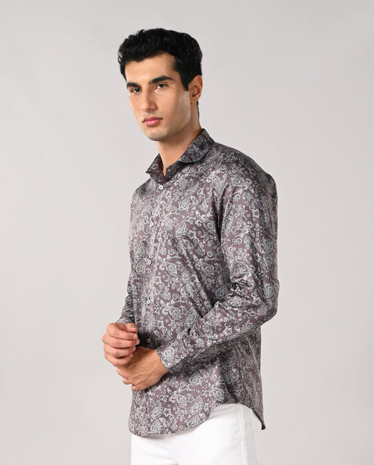 Mens plum purple paisley printed shirt with contrast buttons, no pocket design – stylish formal and date wear