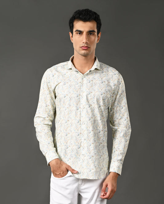 Mens Off White Linen Blend Printed Casual Shirt – Mens off white linen blend printed casual shirt, breathable summer shirt