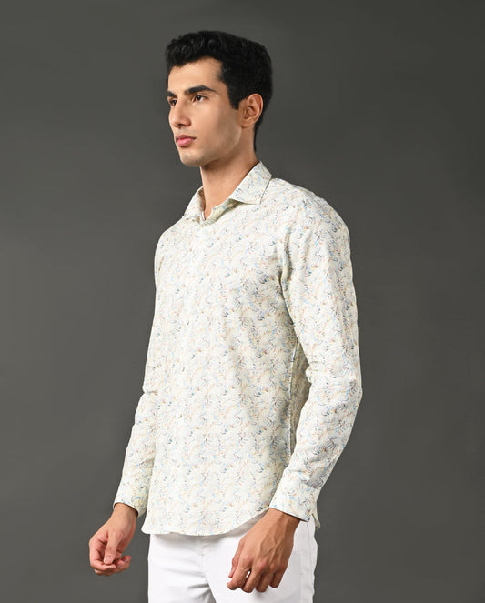 Mens Off White Linen Blend Printed Casual Shirt – Mens off white linen blend printed casual shirt, breathable summer shirt
