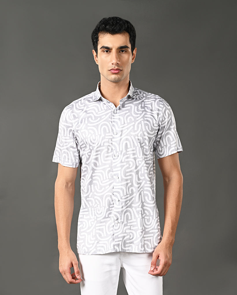 Mens Pastel Grey Printed Cotton Blend Casual Shirt – Mens pastel grey printed cotton blend casual shirt, trendy