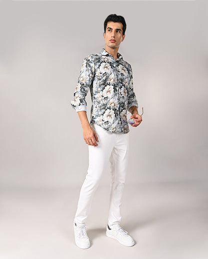 Mens Sky Blue Linen Blend Floral Print Casual Shirt – Mens sky blue linen blend floral casual shirt, summer shirt