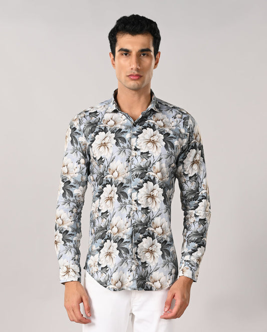 Mens Sky Blue Linen Blend Floral Print Casual Shirt – Mens sky blue linen blend floral casual shirt, summer shirt