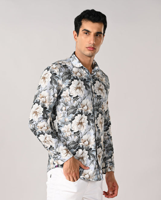 Mens Sky Blue Linen Blend Floral Print Casual Shirt – Mens sky blue linen blend floral casual shirt, summer shirt