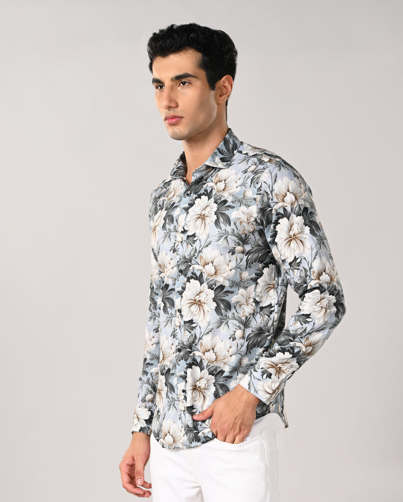 Mens Sky Blue Linen Blend Floral Print Casual Shirt – Mens sky blue linen blend floral casual shirt, summer shirt