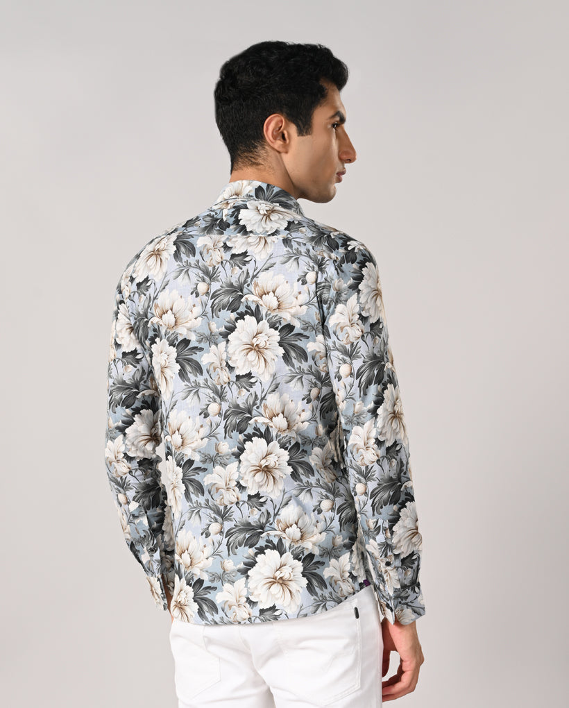 Mens Sky Blue Linen Blend Floral Print Casual Shirt – Mens sky blue linen blend floral casual shirt, summer shirt