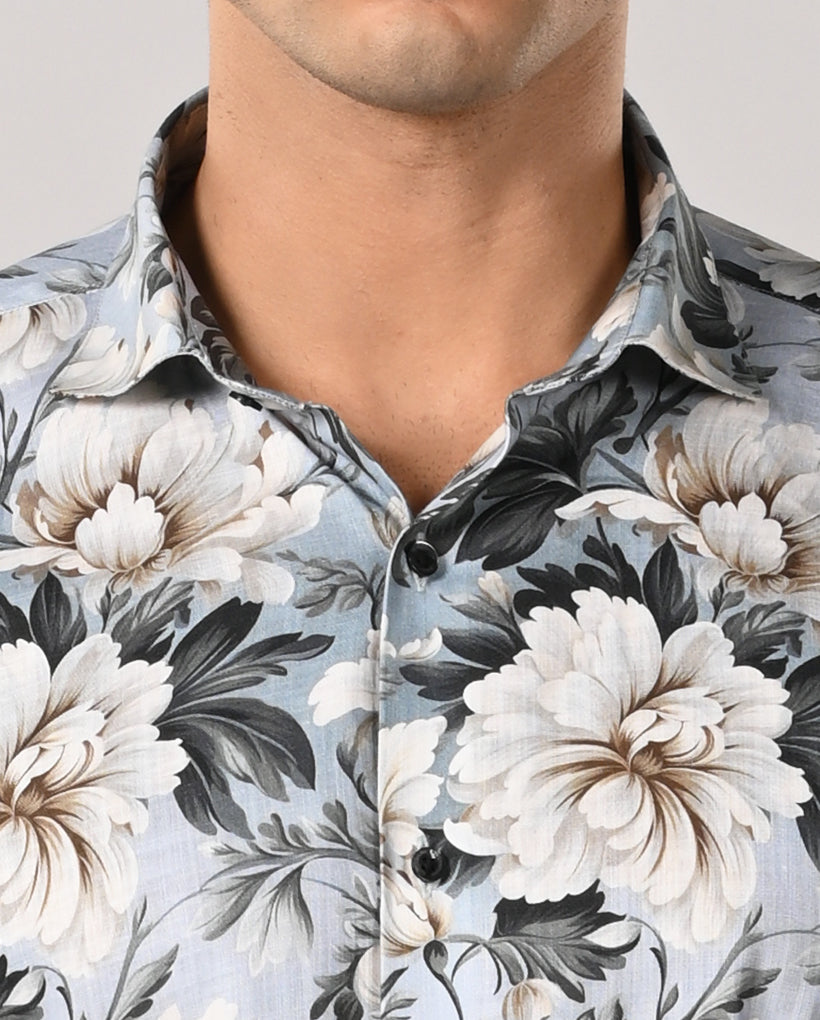 Mens Sky Blue Linen Blend Floral Print Casual Shirt – Mens sky blue linen blend floral casual shirt, summer shirt
