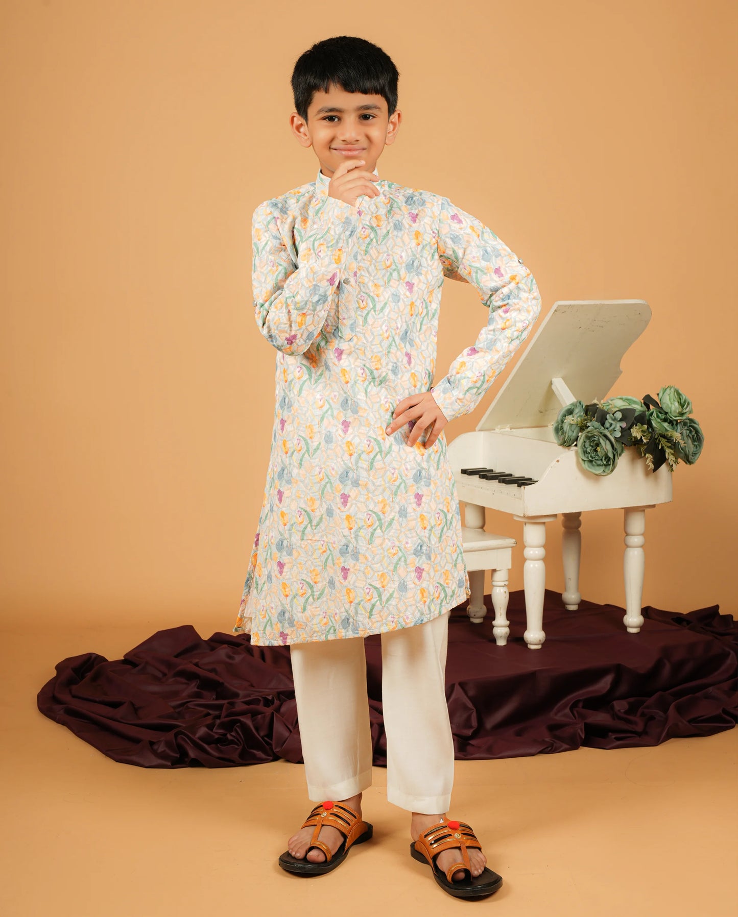 Light Cream Silk Kurta for Boys – Geometric Pattern Festive Attire
