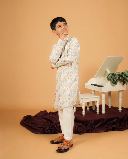 Light Cream Silk Kurta for Boys – Geometric Pattern Festive Attire