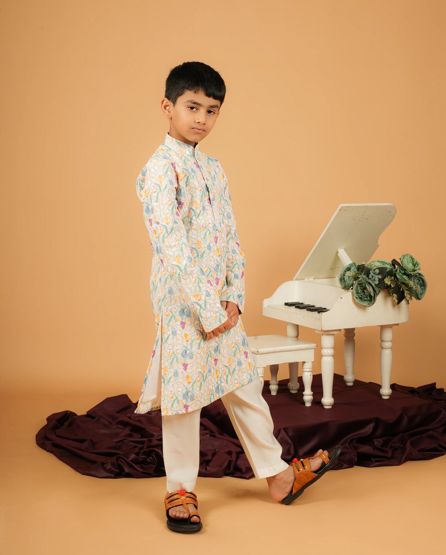 Light Cream Silk Kurta for Boys – Geometric Pattern Festive Attire
