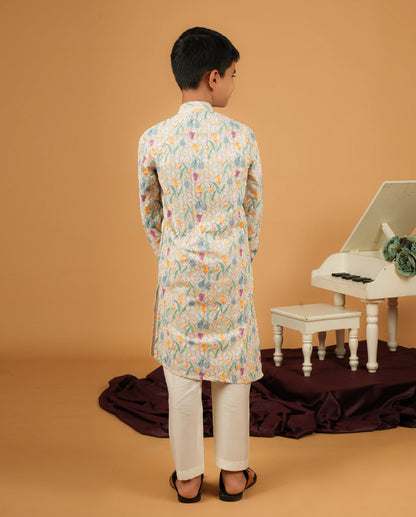 Light Cream Silk Kurta for Boys – Geometric Pattern Festive Attire