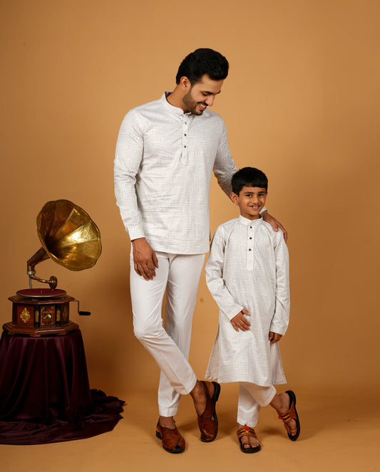 Classy White-Grey Short Kurta Set For Dad & Son