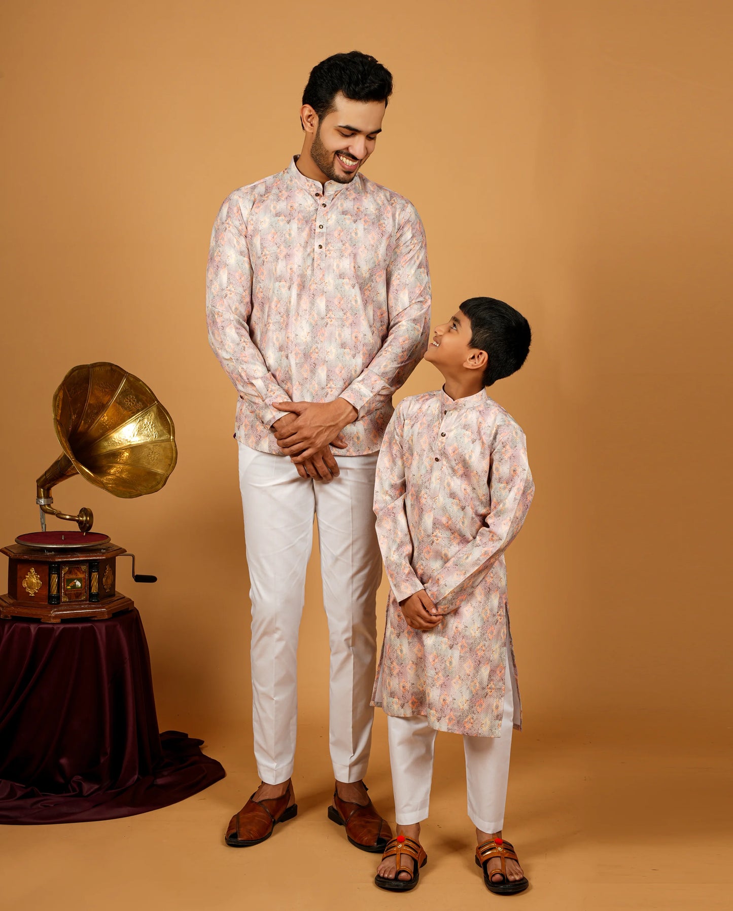 Traditional Mix Cream Kurta Set For Dad & Son