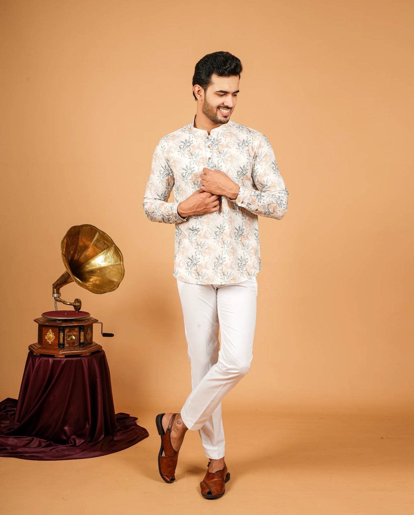 Tropical Leaf Print Short Kurta for Men
