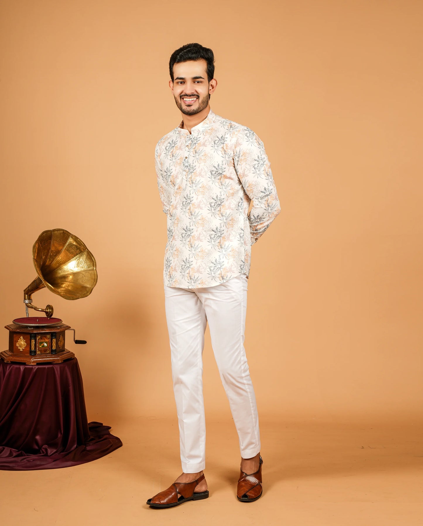 Tropical Leaf Print Short Kurta for Men