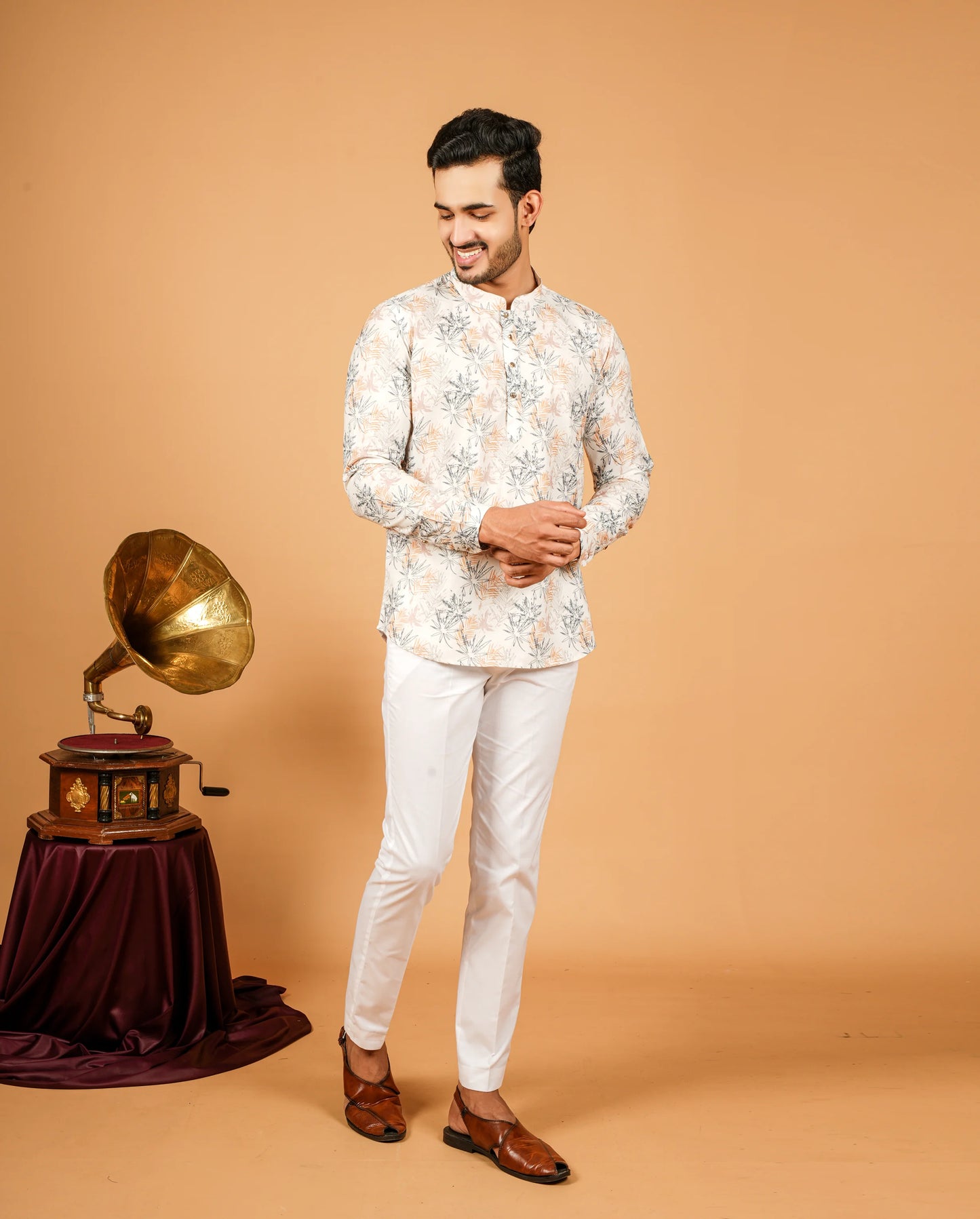 Tropical Leaf Print Short Kurta for Men